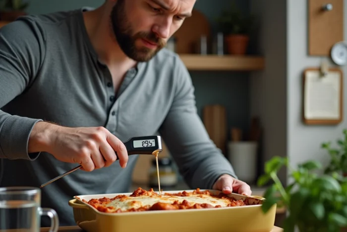 Homme vérifiant la température des lasagnes réchauffées au four avec un thermomètre de cuisine