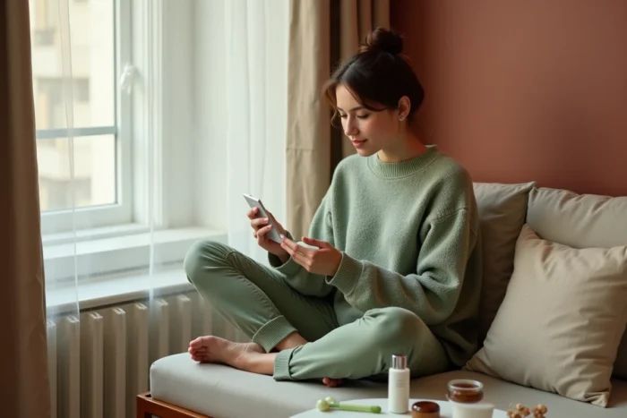Femme découvrant des produits de beauté tendance chez elle, soin du visage naturel et minimaliste