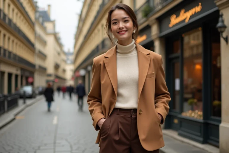 Femme élégante portant un blazer camel oversize et un pantalon large dans une rue pavée parisienne, style mode automne tendance