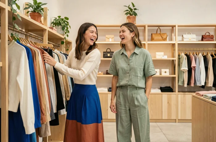 Two friends in trendy colorful styles browsing clothes in a bright Scandinavian concept store, modern spring-summer fashion