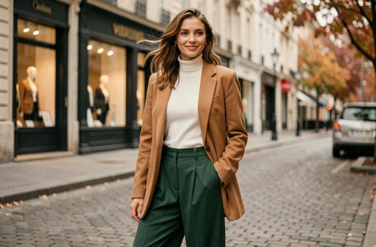 Femme élégante portant un blazer camel oversize et un pantalon large vert forêt dans une rue parisienne pavée, tendances mode automne-hiver