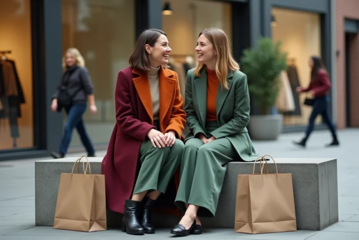 Deux femmes stylées aux looks tendance contrastés assises dans un quartier mode en plein air, manteau color block et ensemble monochrome sauge