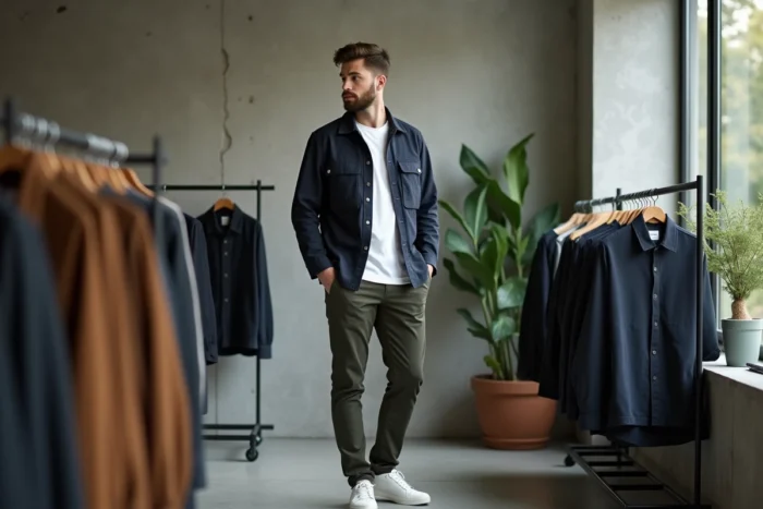 Homme tendance en veste utilitaire marine et chino olive dans un concept store minimaliste, mode masculine contemporaine