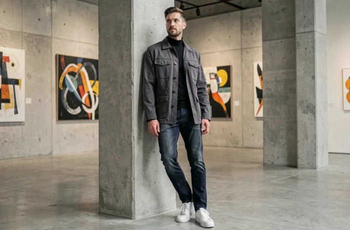 Man in modern minimalist outfit with gray utility jacket and indigo jeans in a contemporary art gallery, trendy masculine style