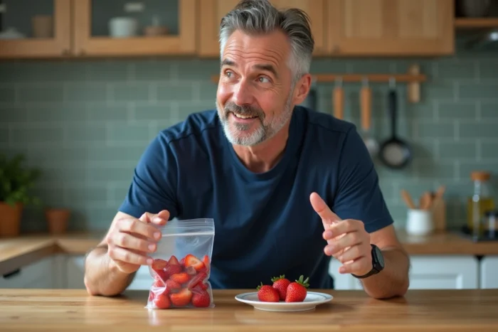 Homme comparant des fraises fraîches sous vide FoodSaver avec des fraises oxydées pour tester la conservation