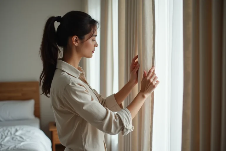 Femme inspectant les bords d'un rideau occultant pour vérifier les fuites de lumière dans une chambre moderne