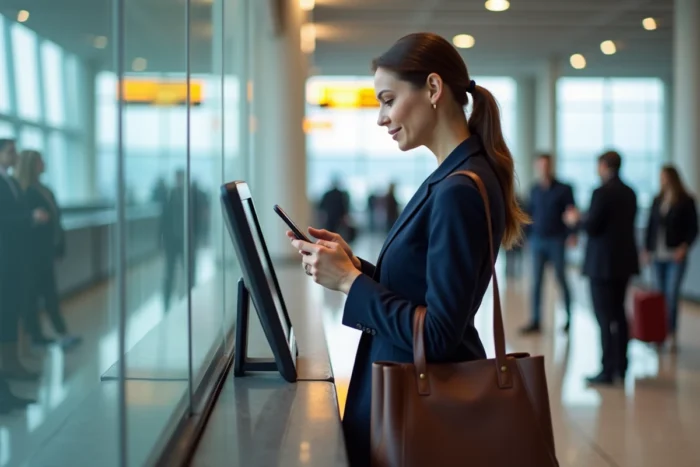Voyageuse consulte son statut de fidélité Air France sur son smartphone au comptoir d'enregistrement de l'aéroport