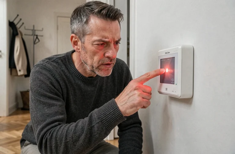 Homme examinant un voyant rouge allumé sur un thermostat Delta Dore fixé au mur dans un couloir de maison moderne