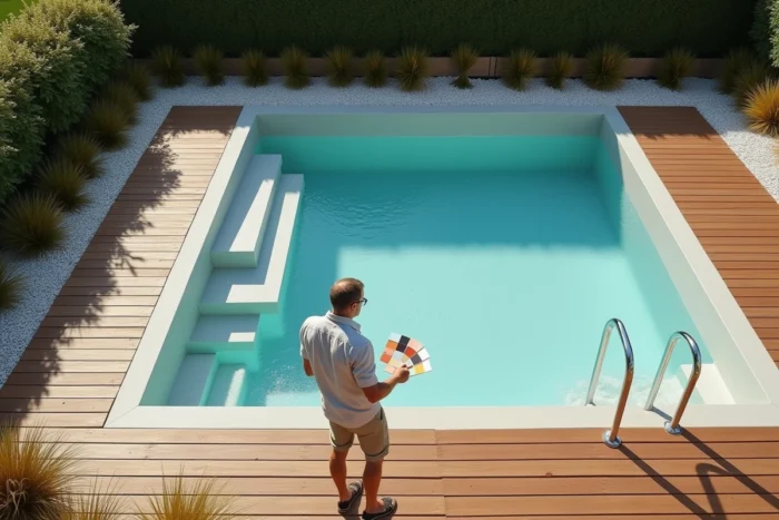 Vue en plongée d'une coque piscine gris nacré installée dans un jardin contemporain avec terrasse en bois composite et échantillons de couleurs