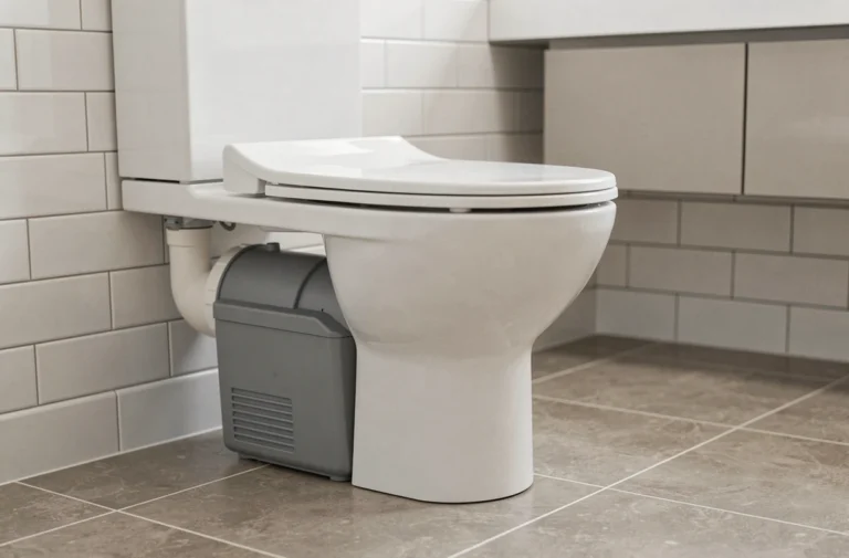 WC broyeur blanc mural installé dans une salle de bain moderne avec carrelage gris beige et unité de broyage visible à la base